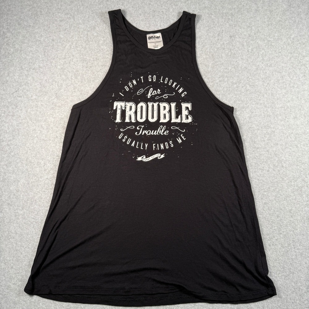 Harry Potter Trouble Usually Finds Me Graphic Tank Top Black XL Ribbed Knit